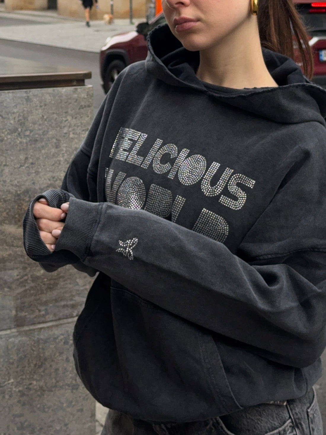 Vintage Hoodie Rhinestones Black Washed